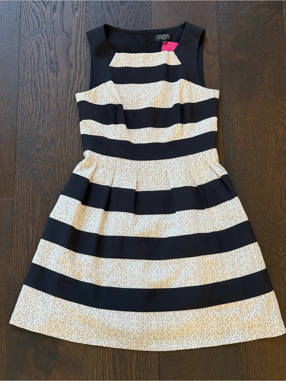 Sleeveless Black and Cream Striped Fit-and-Flare Dress Size:6p